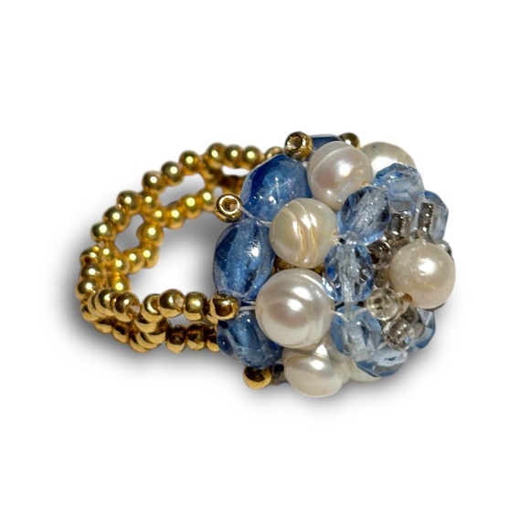 Vtg Pearl & Crystal Beaded Ring - Picture 1 of 5